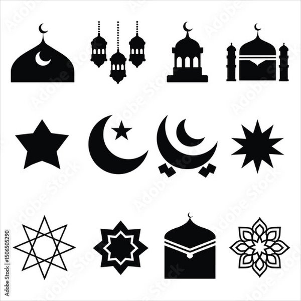Obraz Vector icon set of religious symbols including mosque, church, and temple designs