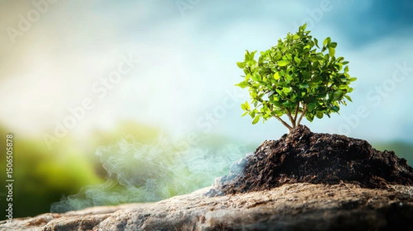 Fototapeta Small green tree grows on rocky surface, symbolizing hope and sustainability in natural environment