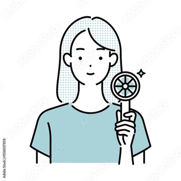 Fototapeta 熱中症対策グッズ・携帯扇風機を持つ女性イラスト