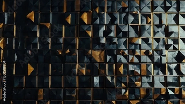 Fototapeta Geometric pattern of raised squares with gold accents in a dark and moody lighting style