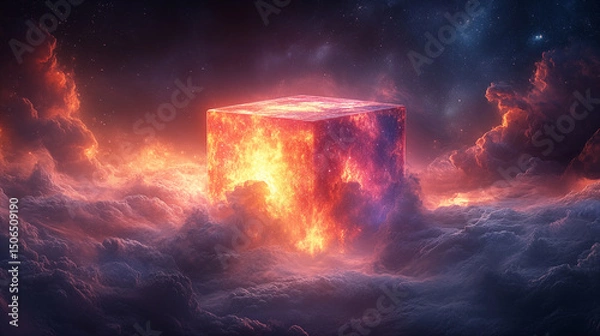 Fototapeta Glowing cosmic cube floating in surreal space nebula with stars and colorful clouds, fantasy science fiction and digital art concept