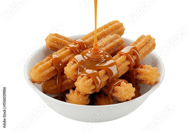 Obraz Churros with Caramel Sauce in Bowl on Transparent Background

