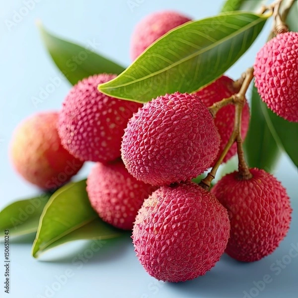 Fototapeta Fresh lychee fruit branch on blue background, lychee cluster with green leaves and vibrant lychee texture