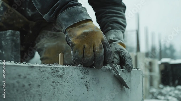 Fototapeta Construction Worker Using Trowel on Concrete Block