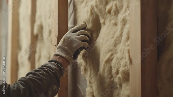 Fototapeta Worker Installing Insulation in a Wall