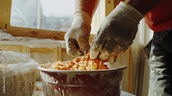 Fototapeta Person in Gloves Mixing Orange Substance in a Bucket