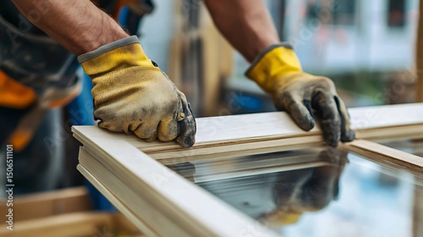 Fototapeta Carpenter Working with Wood and Glass in Workshop