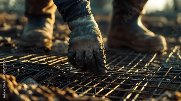 Fototapeta Construction Worker's Hand on Reinforcement Mesh