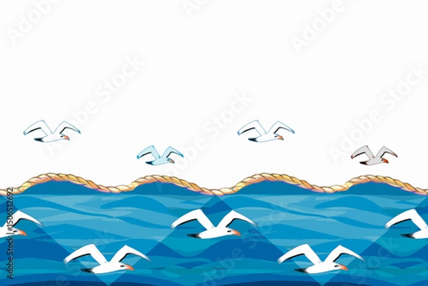 Fototapeta Seamless board with a seascape. Waves, seagulls and clouds, sea breeze depicted with brushstrokes and streaks on a separate background