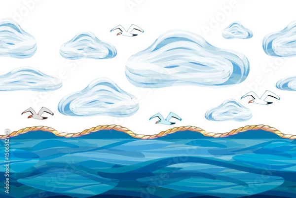 Fototapeta Seamless board with a seascape. Waves, seagulls and clouds, sea breeze depicted with brushstrokes and streaks on a separate background