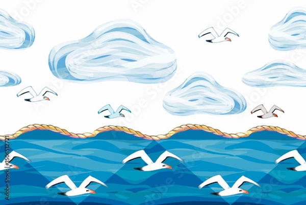 Fototapeta Seamless board with a seascape. Waves, seagulls and clouds, sea breeze depicted with brushstrokes and streaks on a separate background