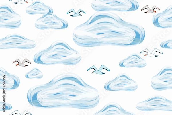 Fototapeta Seamless board with a seascape. Waves, seagulls and clouds, sea breeze depicted with brushstrokes and streaks on a separate background