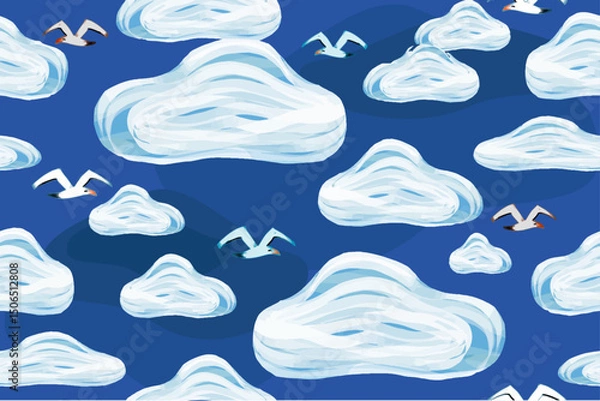 Fototapeta Seamless board with a seascape. Waves, seagulls and clouds, sea breeze depicted with brushstrokes and streaks on a separate background