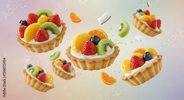 Fototapeta Delicious Fruit Tarts in Airy Flight: A Culinary Delight