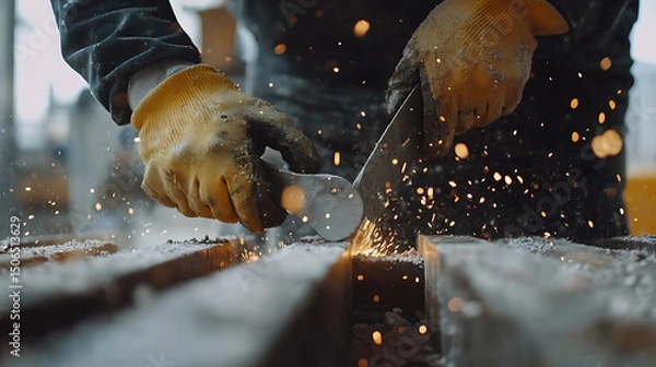 Fototapeta Worker Using Angle Grinder on Metal
