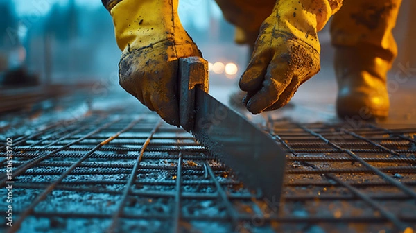 Fototapeta Construction Worker Using a Trowel on Reinforced Concrete
