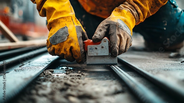 Fototapeta Construction Worker Using Tool on Railway Tracks
