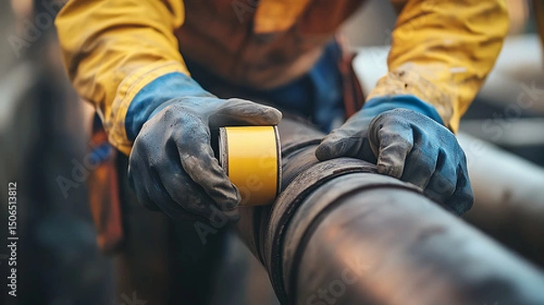 Fototapeta Worker Applying Tape to Industrial Pipe