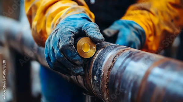 Fototapeta Worker Applying Sealant to Industrial Pipe