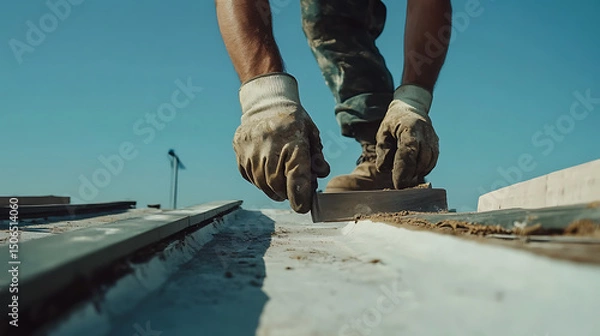 Fototapeta Construction Worker Applying Mortar Between Bricks
