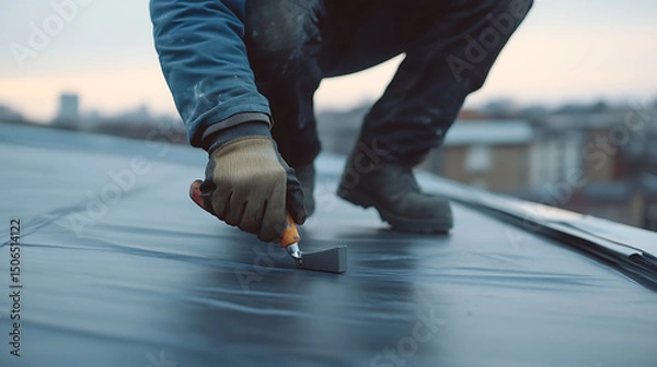Fototapeta Worker Installing Roofing Material on a Flat Roof