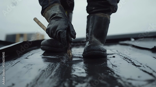 Fototapeta Worker Applying Tar on a Roof