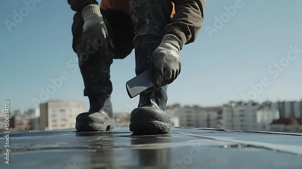 Fototapeta Construction Worker Installing Roof Tiles