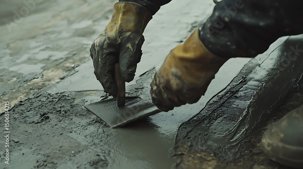 Fototapeta Construction Worker Smoothing Wet Concrete