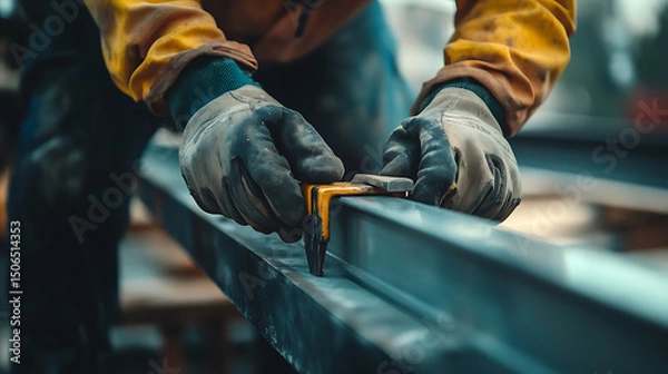 Fototapeta Worker Measuring a Metal Beam with a Caliper