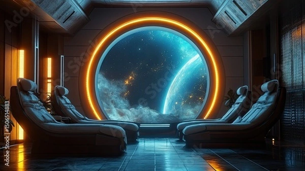 Fototapeta Interior view of a spaceship lounge with chairs and a large circular window showing a planet and stars