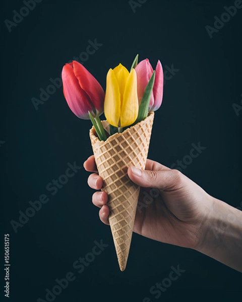 Obraz A photograph of a human hand gently holding an ice cream cone filled with three vibrant tulips