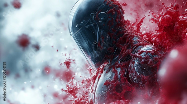 Fototapeta Cyborg head dissolving into red digital particles with futuristic helmet design, artificial intelligence and technology transformation concept