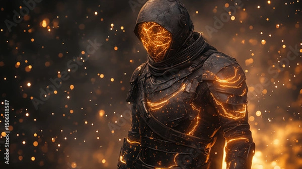 Fototapeta Futuristic armored warrior with glowing orange energy patterns against dark background, cyberpunk concept for gaming design