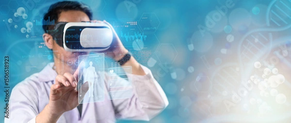 Fototapeta Doctor using virtual reality headset with digital hologram interface for medical analysis. Futuristic technology concept in healthcare innovation and telemedicine solution.