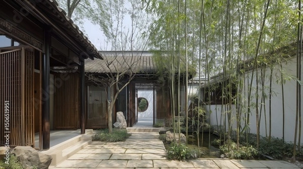 Fototapeta Neo - Chinese Style Courtyard Landscape with Bamboo Shadows