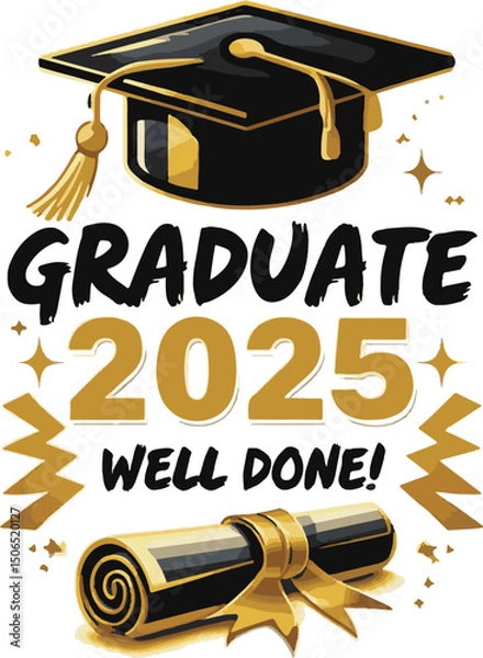 Fototapeta Class of 2025 Congrats greeting sign with academic cap and diploma. Congrats Graduated. Congratulating banner. Handwritten brush lettering. Isolated concept for graduation design, card, poster