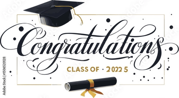 Fototapeta Class of 2025 Congrats greeting sign with academic cap and diploma. Congrats Graduated. Congratulating banner. Handwritten brush lettering. Isolated concept for graduation design, card, poster