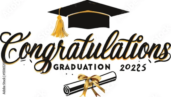 Fototapeta Class of 2025 Congrats greeting sign with academic cap and diploma. Congrats Graduated. Congratulating banner. Handwritten brush lettering. Isolated concept for graduation design, card, poster
