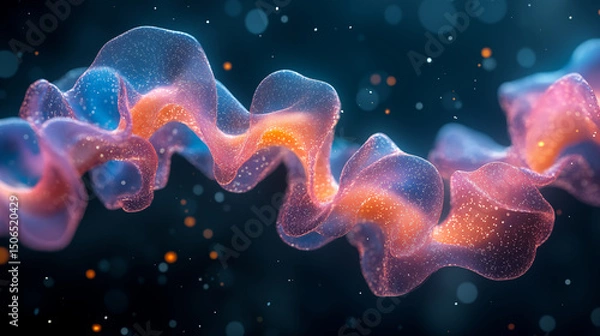 Fototapeta Abstract flowing liquid forms with glowing particles in space, futuristic molecular structure and scientific visualization concept