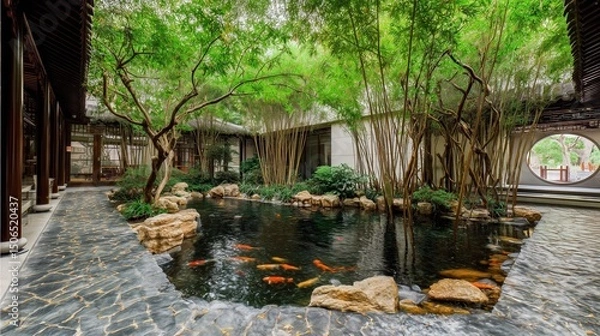 Fototapeta Neo - Chinese Style Courtyard Landscape with Bamboo Shadows