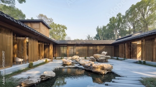 Fototapeta Neo - Chinese Style Courtyard Landscape with Bamboo Shadows