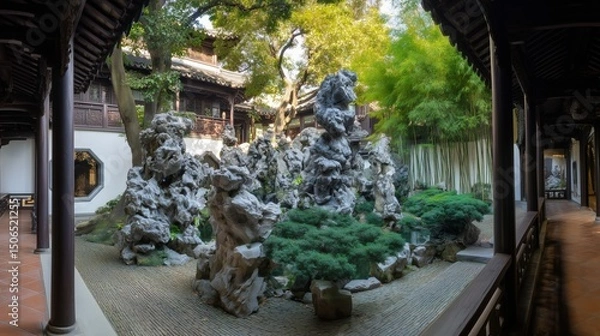 Fototapeta Neo - Chinese Style Courtyard Landscape with Bamboo Shadows