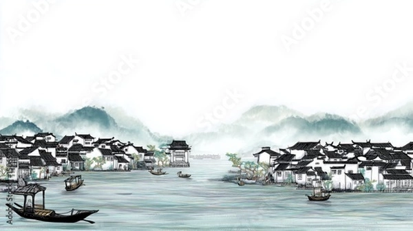 Fototapeta Ink - wash style panorama of Jiangnan water town, ancient buildings with white walls and black tiles, wupeng boats swaying on the winding river, distant mountains shrouded in mist