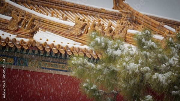 Fototapeta Gongbi - style snow scene of the Forbidden City, red walls and golden tiles covered in snow, vivid glazed roof beasts, white marble railings contrasting with green pine trees