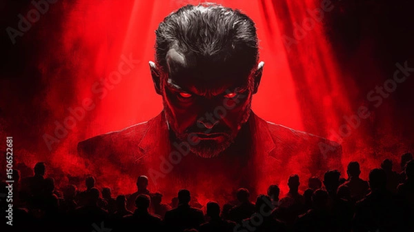 Fototapeta Menacing man with glowing red eyes standing above crowd in dramatic red lighting, concept of power and leadership