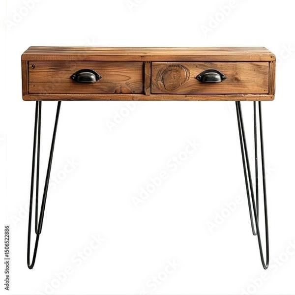 Fototapeta A wooden console table with two drawers and black metal legs, suitable for storage and decor. on white background