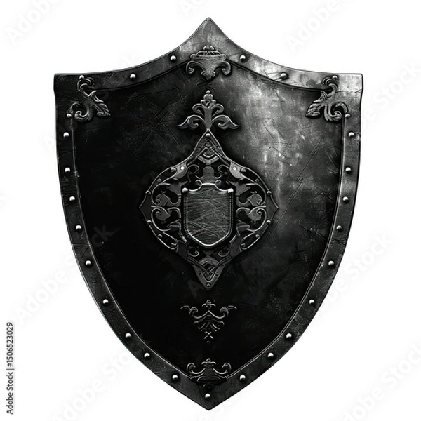 Fototapeta A decorative black shield featuring ornate designs and studs, symbolizing protection and valor. on white background