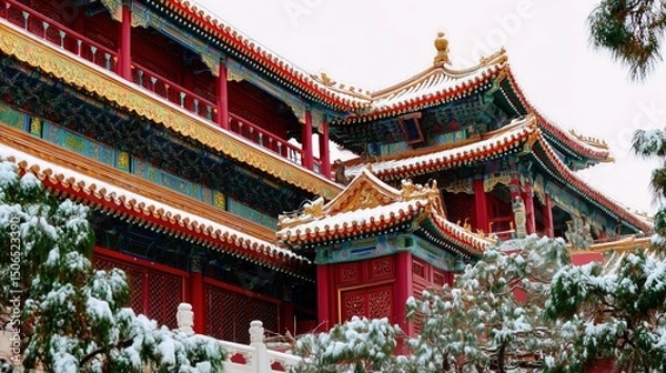 Fototapeta Gongbi - style snow scene of the Forbidden City, red walls and golden tiles covered in snow, vivid glazed roof beasts, white marble railings contrasting with green pine trees