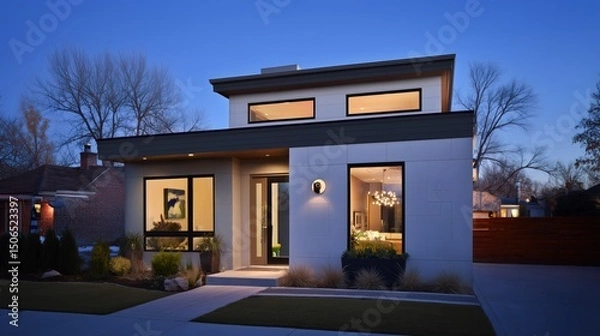 Fototapeta Modern home at dusk with warm interior lights, minimalist design. Cozy contemporary living in harmony with twilight.