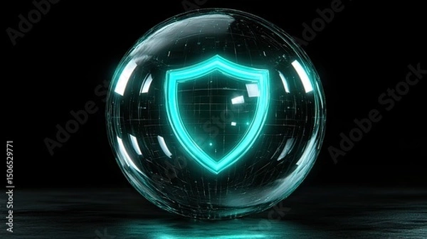 Fototapeta Glowing cyan shield inside a glass sphere with a dark background and reflections on a shiny surface